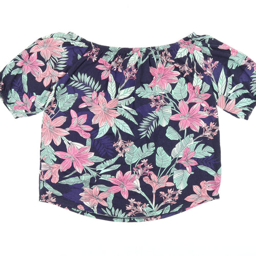 Roman Womens Blue Floral Polyester Jersey T-Shirt Size 12 Scoop Neck
