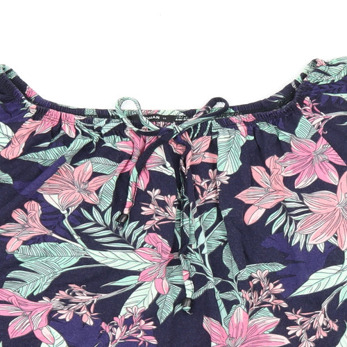 Roman Womens Blue Floral Polyester Jersey T-Shirt Size 12 Scoop Neck