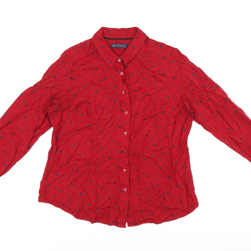 Marks and Spencer Womens Red Geometric Viscose Jersey Button-Up Size 14 Collared - Star print