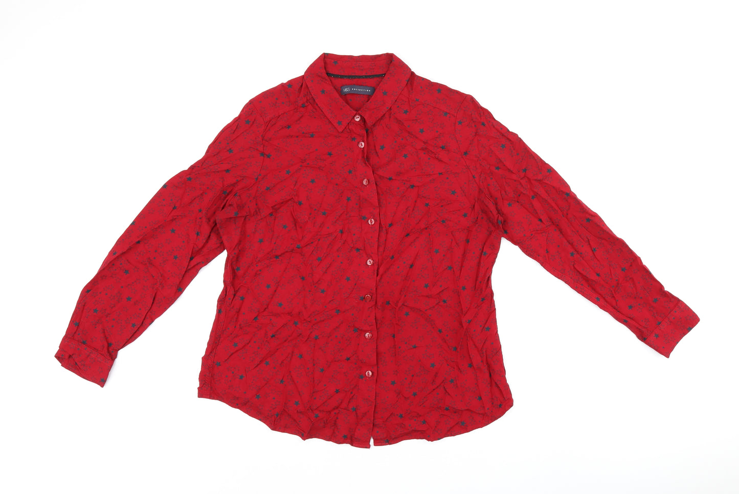 Marks and Spencer Womens Red Geometric Viscose Jersey Button-Up Size 14 Collared - Star print