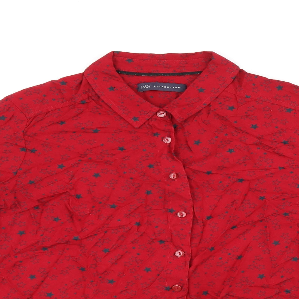 Marks and Spencer Womens Red Geometric Viscose Jersey Button-Up Size 14 Collared - Star print