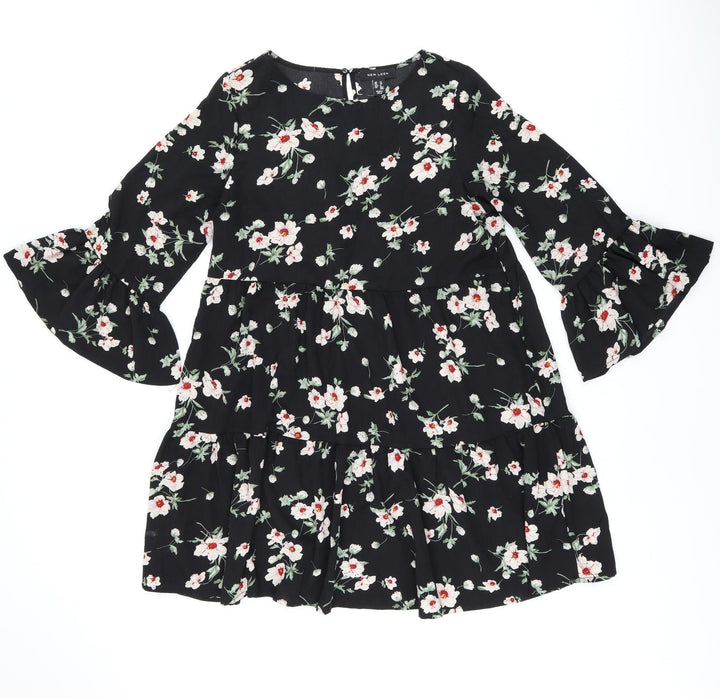 New Look Womens Black Floral Polyester Shift Size 10 Boat Neck Pullover