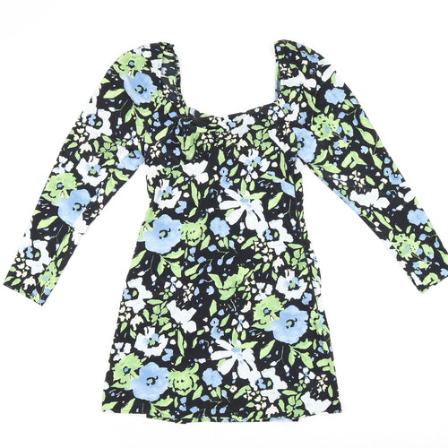 Topshop Womens Black Floral Polyester Mini Size 6 Square Neck Zip