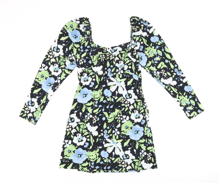 Topshop Womens Black Floral Polyester Mini Size 6 Square Neck Zip