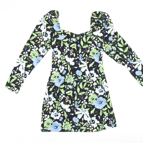 Topshop Womens Black Floral Polyester Mini Size 6 Square Neck Zip