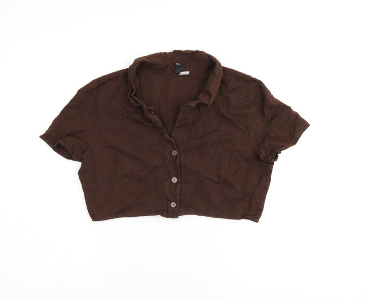 H&M Womens Brown Cotton Cropped Button-Up Size 6 Collared
