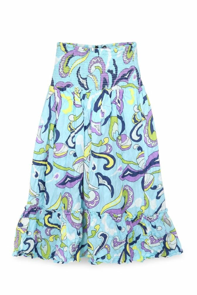 Front view of Bonmarché women’s blue geometric viscose a-line, size UK 10, off the shoulder pullover
