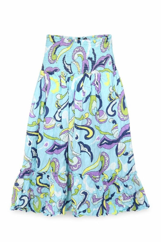 Front view of Bonmarché women’s blue geometric viscose a-line, size UK 10, off the shoulder pullover