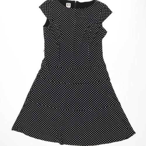 Anne Klein Womens Black Polka Dot Polyester Skater Dress Size 10 Boat Neck Zip