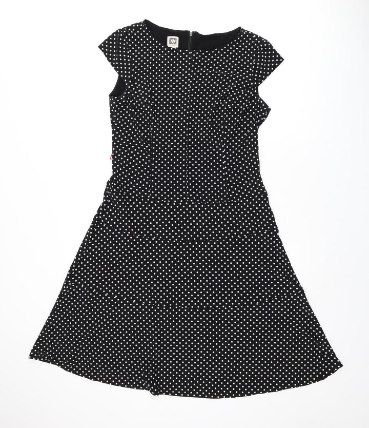Anne Klein Womens Black Polka Dot Polyester Skater Dress Size 10 Boat Neck Zip