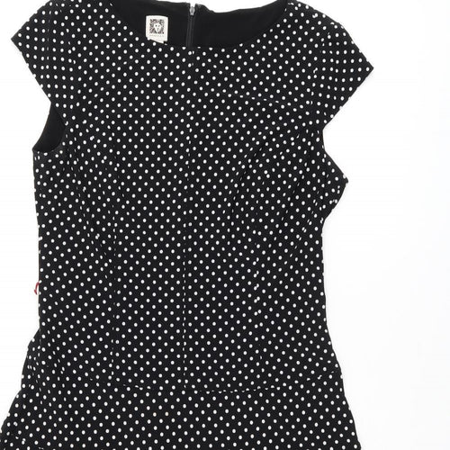 Anne Klein Womens Black Polka Dot Polyester Skater Dress Size 10 Boat Neck Zip
