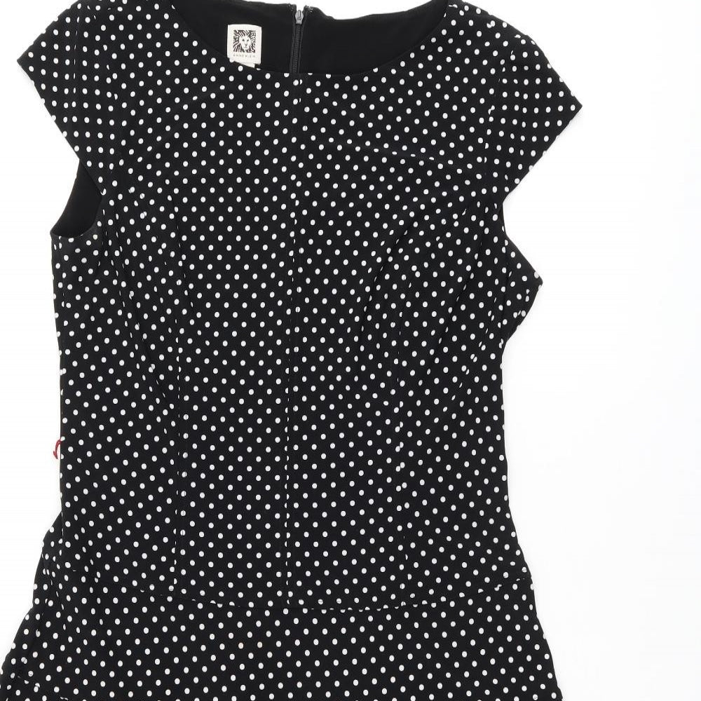 Anne Klein Womens Black Polka Dot Polyester Skater Dress Size 10 Boat Neck Zip