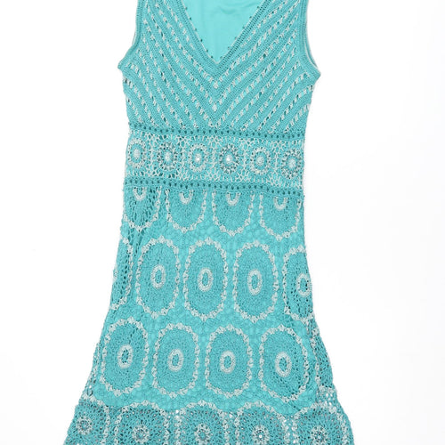 Julien Macdonald Womens Blue Viscose Shift Size 10 V-Neck Pullover - Crochet detail