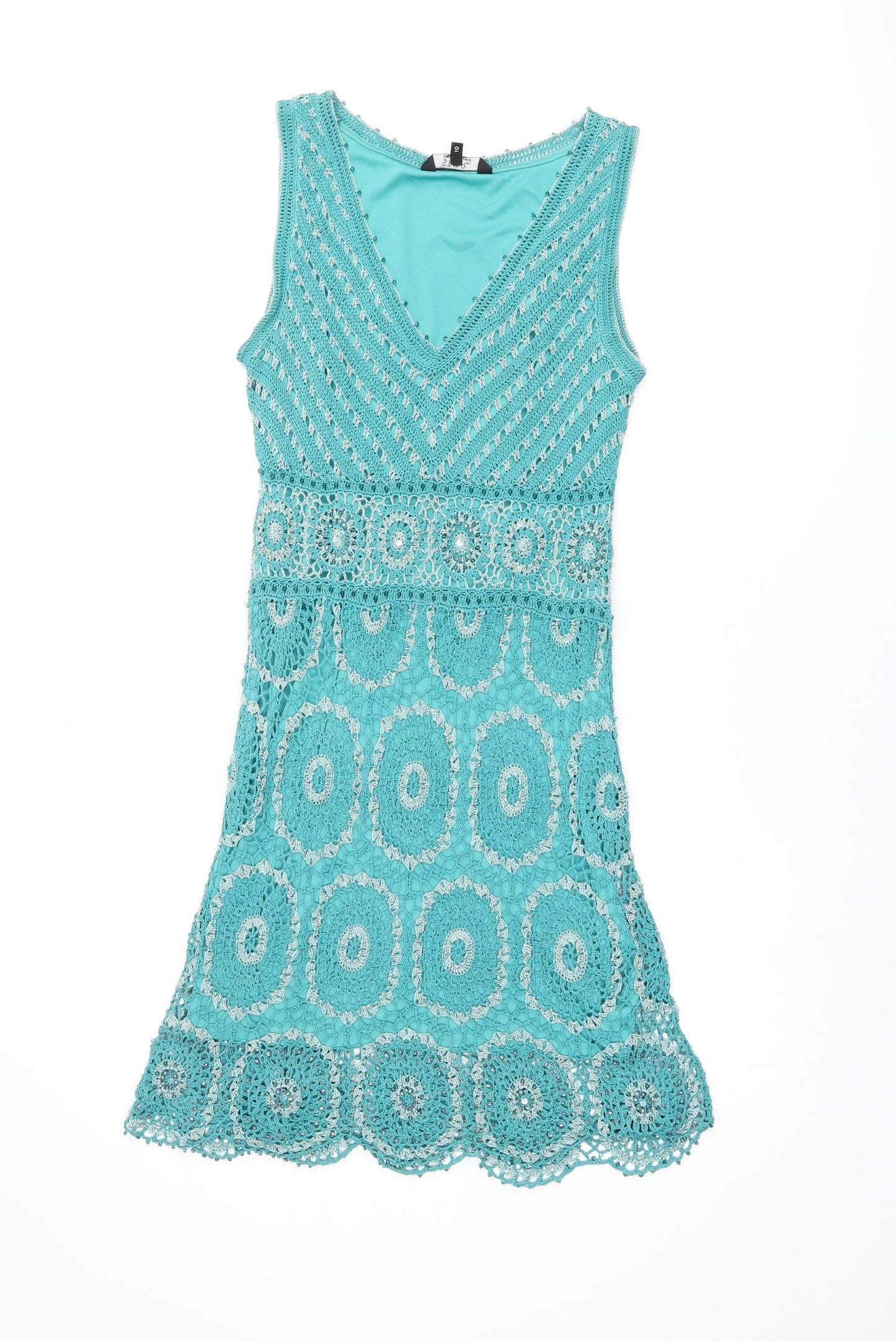 Julien Macdonald Womens Blue Viscose Shift Size 10 V-Neck Pullover - Crochet detail