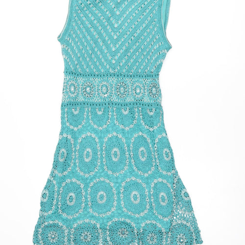 Julien Macdonald Womens Blue Viscose Shift Size 10 V-Neck Pullover - Crochet detail
