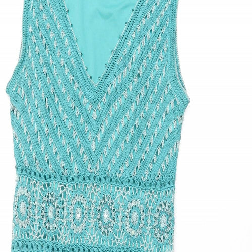Julien Macdonald Womens Blue Viscose Shift Size 10 V-Neck Pullover - Crochet detail