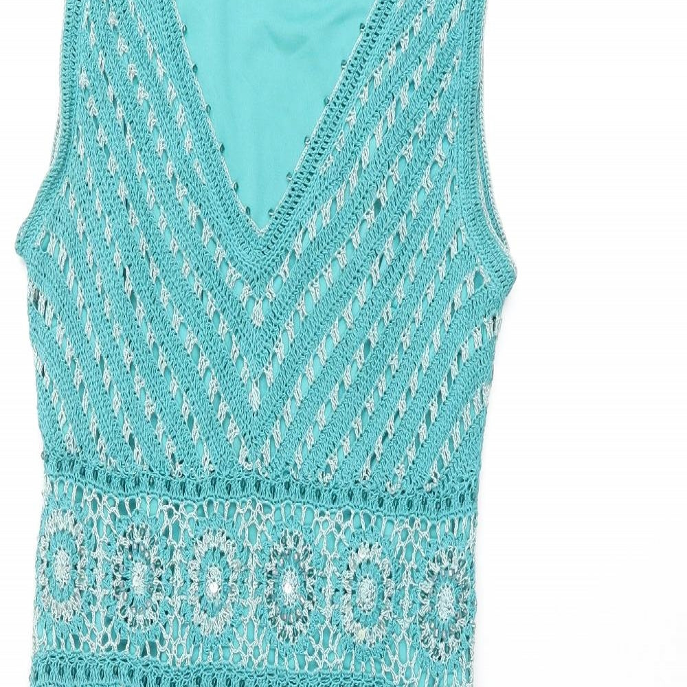 Julien Macdonald Womens Blue Viscose Shift Size 10 V-Neck Pullover - Crochet detail