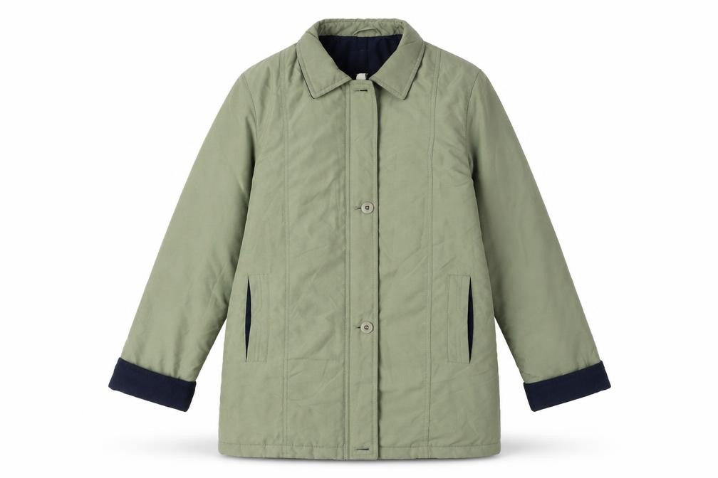 Front view of EWM women’s green parka coat, size UK 16, zip