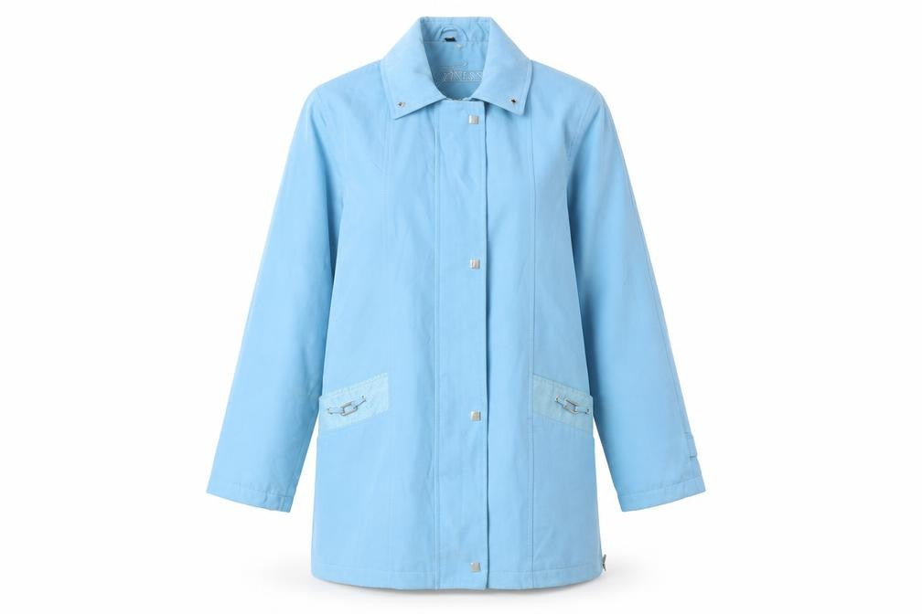Front view of Finesse women’s blue parka coat, size UK 12, zip