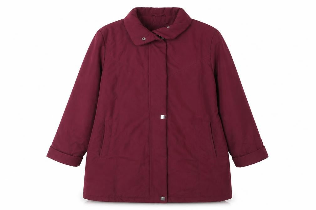 Front view of Klassik women’s purple jacket coat, size UK 14, zip