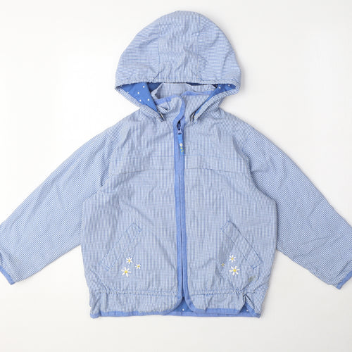 H&M Girls Blue Gingham Basic Coat Coat Size 5-6 Years Zip - Embroided flowers