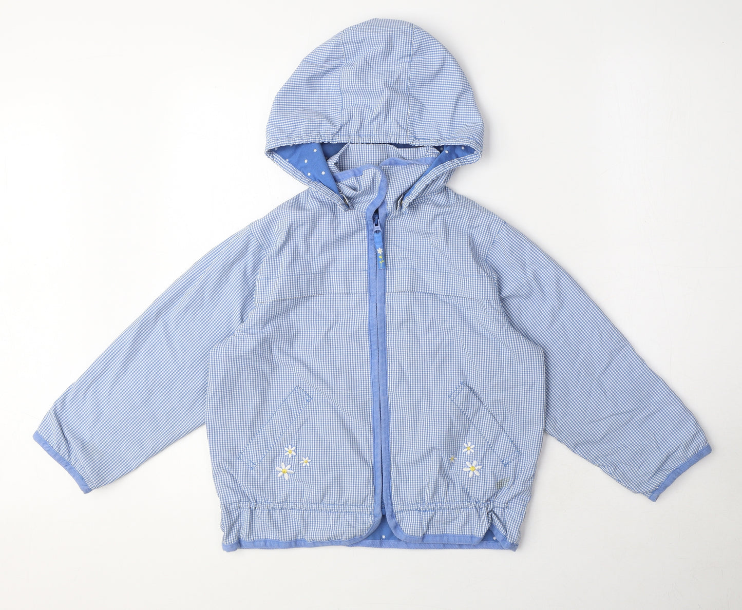 H&M Girls Blue Gingham Basic Coat Coat Size 5-6 Years Zip - Embroided flowers