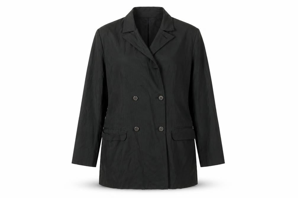 Front view of Nicole Farhi women’s black overcoat coat, size UK 12, button -, size UK 12-14
