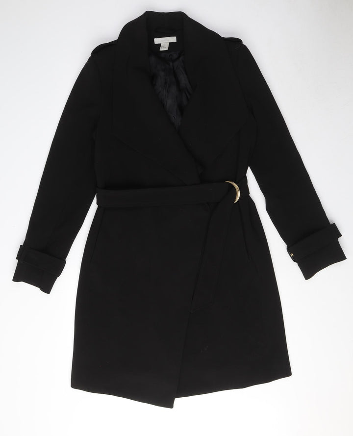 H&M Womens Black Overcoat Coat Size 8 Buckle