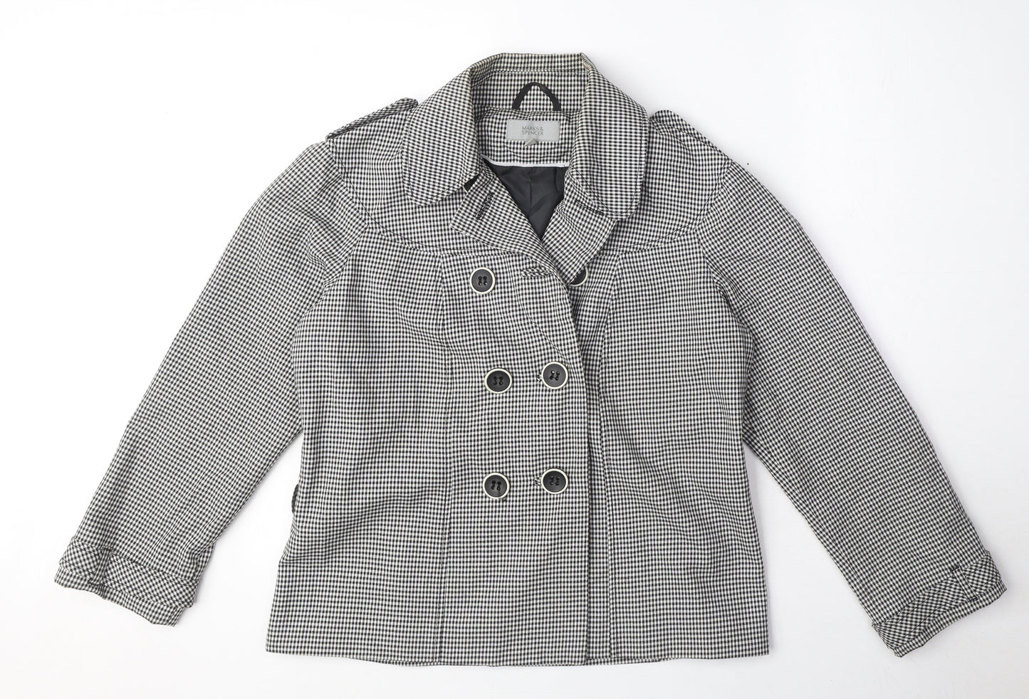 Marks and Spencer Womens White Geometric Trench Coat Jacket Size 12 Button - Gingham pattern
