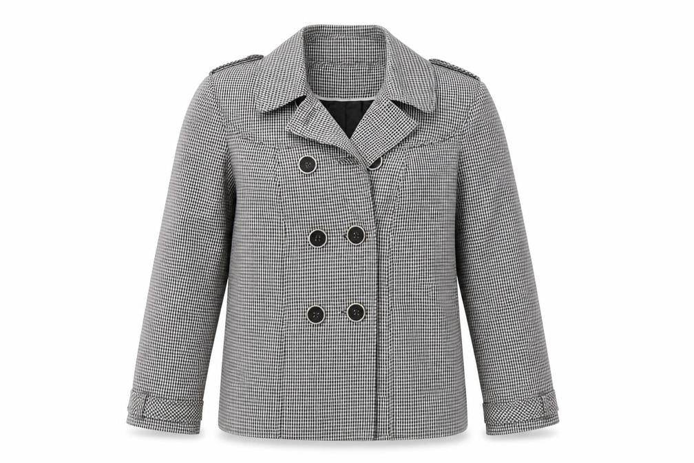 Front view of Marks & Spencer women’s white geometric trench coat jacket, size UK 12, button - gingham pattern