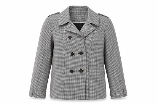 Front view of Marks & Spencer women’s white geometric trench coat jacket, size UK 12, button - gingham pattern