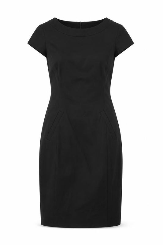 Front view of G2OOO women’s black polyester a-line, size UK 6, round neck zip