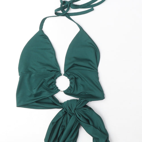 PRETTYLITTLETHING Womens Green Polyester Cropped Blouse Size 6 Sweetheart - Ring detail, Tie