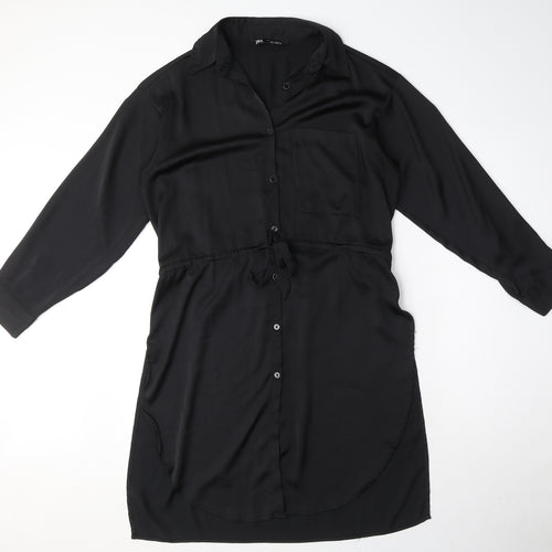 Zara Womens Black Polyester Shirt Dress Size S Collared Button - Drawstring