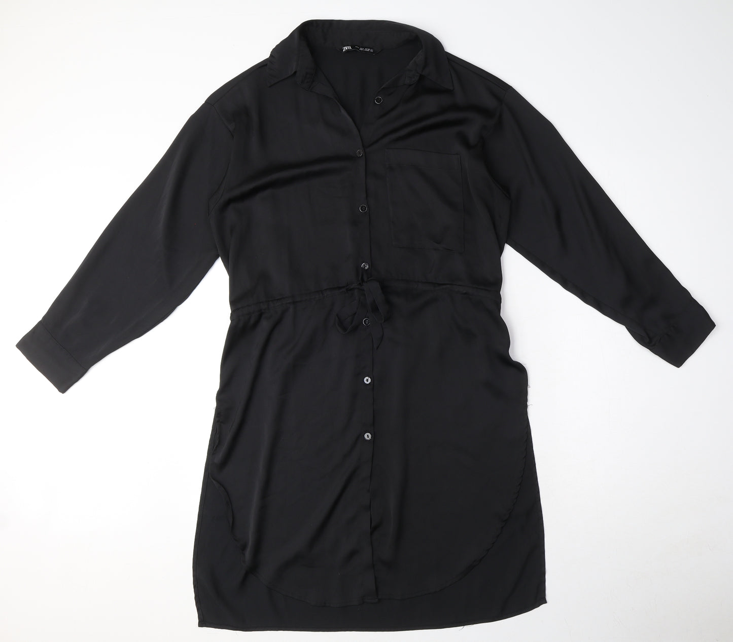 Zara Womens Black Polyester Shirt Dress Size S Collared Button - Drawstring