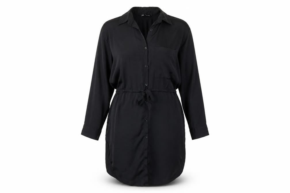 Front view of Zara women’s black polyester shirt dress, size S, collared button - drawstring