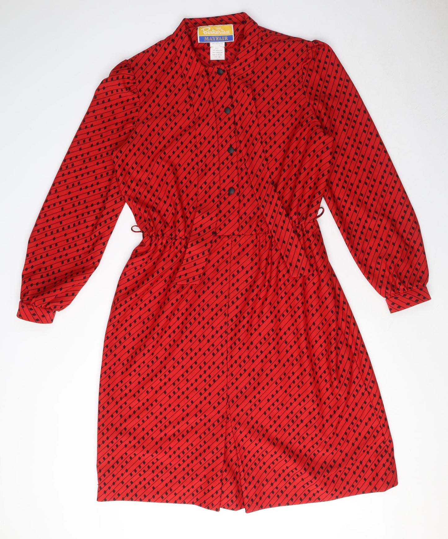 Berkertex Womens Red Geometric Polyester Shirt Dress Size 18 Round Neck Button