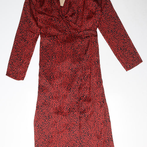 Dancing Leopard Womens Red Animal Print Polyester Wrap Dress Size 12 V-Neck Tie - Leopard print