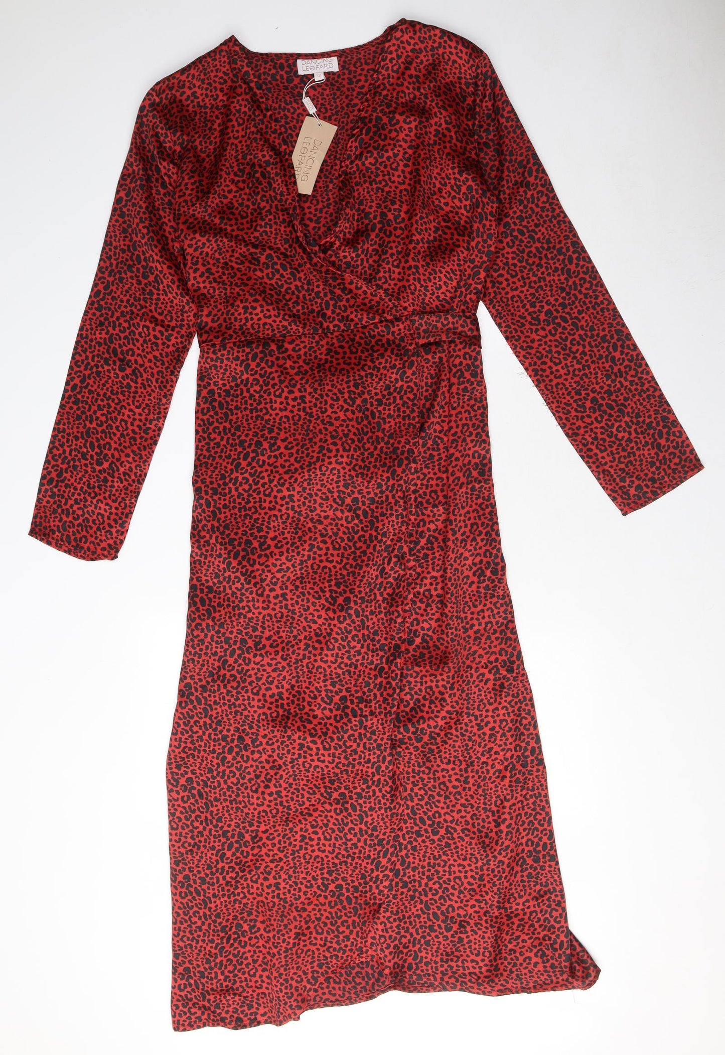 Dancing Leopard Womens Red Animal Print Polyester Wrap Dress Size 12 V-Neck Tie - Leopard print