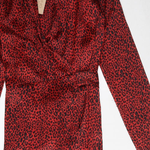 Dancing Leopard Womens Red Animal Print Polyester Wrap Dress Size 12 V-Neck Tie - Leopard print