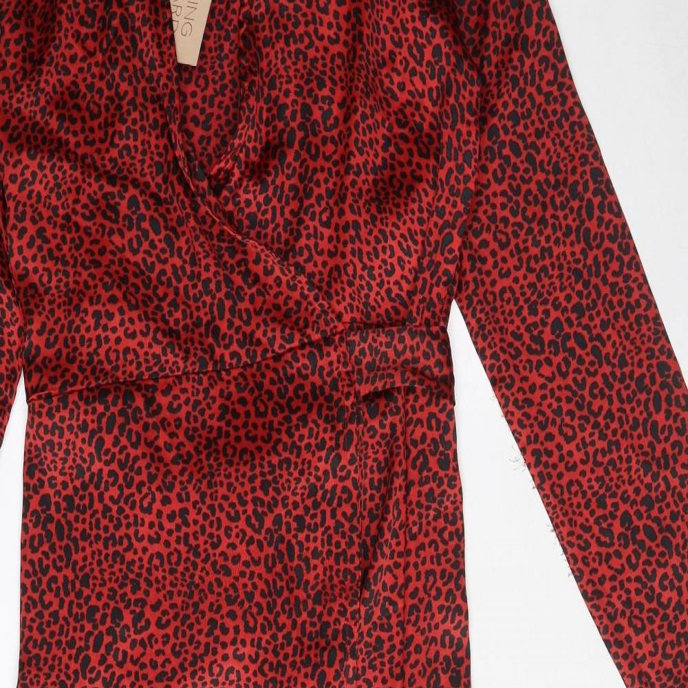 Dancing Leopard Womens Red Animal Print Polyester Wrap Dress Size 12 V-Neck Tie - Leopard print
