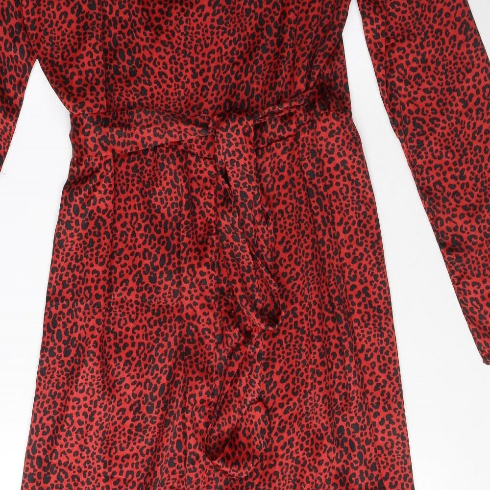 Dancing Leopard Womens Red Animal Print Polyester Wrap Dress Size 12 V-Neck Tie - Leopard print