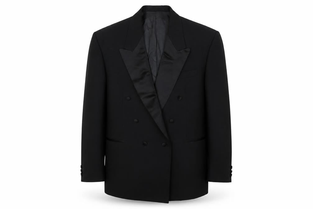 Front view of Varteks men’s black polyester tuxedo suit jacket, size 44, regular