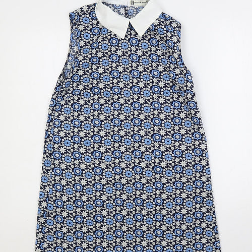 Hearts & Bows Womens Blue Floral Polyester Shift Size 8 Collared Button