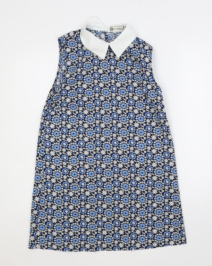 Hearts & Bows Womens Blue Floral Polyester Shift Size 8 Collared Button