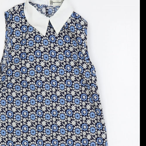 Hearts & Bows Womens Blue Floral Polyester Shift Size 8 Collared Button
