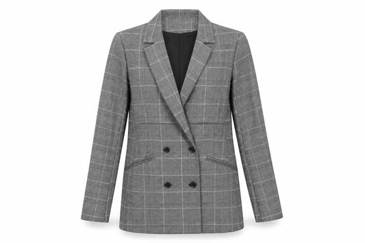 Front view of Linea women’s grey plaid jacket blazer, size UK 10, button