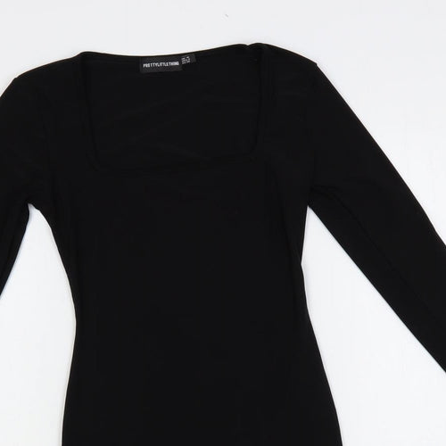 PRETTYLITTLETHING Womens Black Polyester Bodycon Size 10 Square Neck Pullover