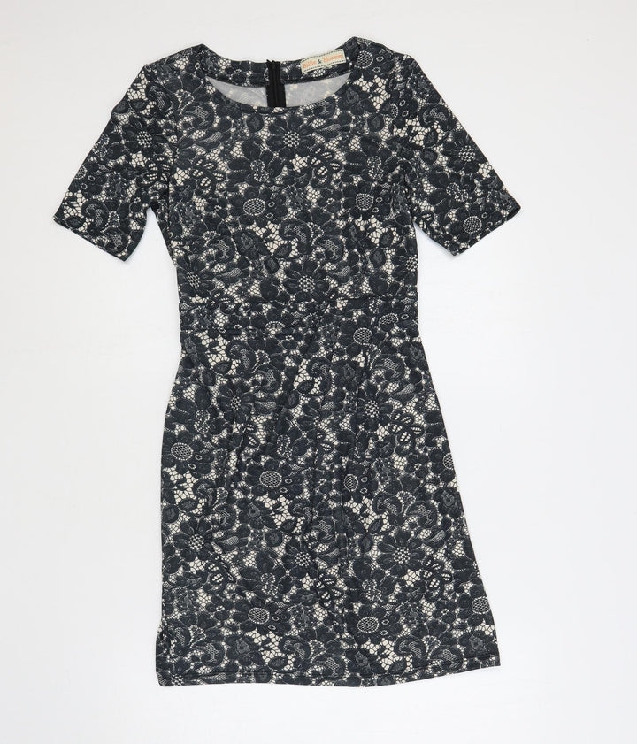 Billie & Blossom Womens Blue Floral Polyester Pencil Dress Size 8 Boat Neck Zip