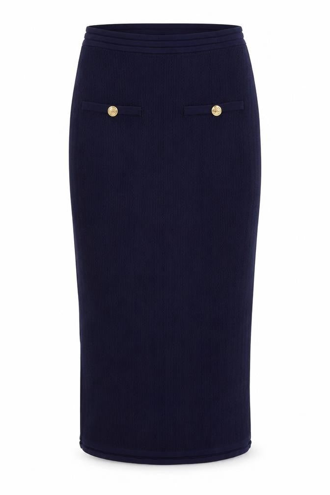 Front view of Zara women’s blue nylon straight & pencil skirt, size S, zip - button